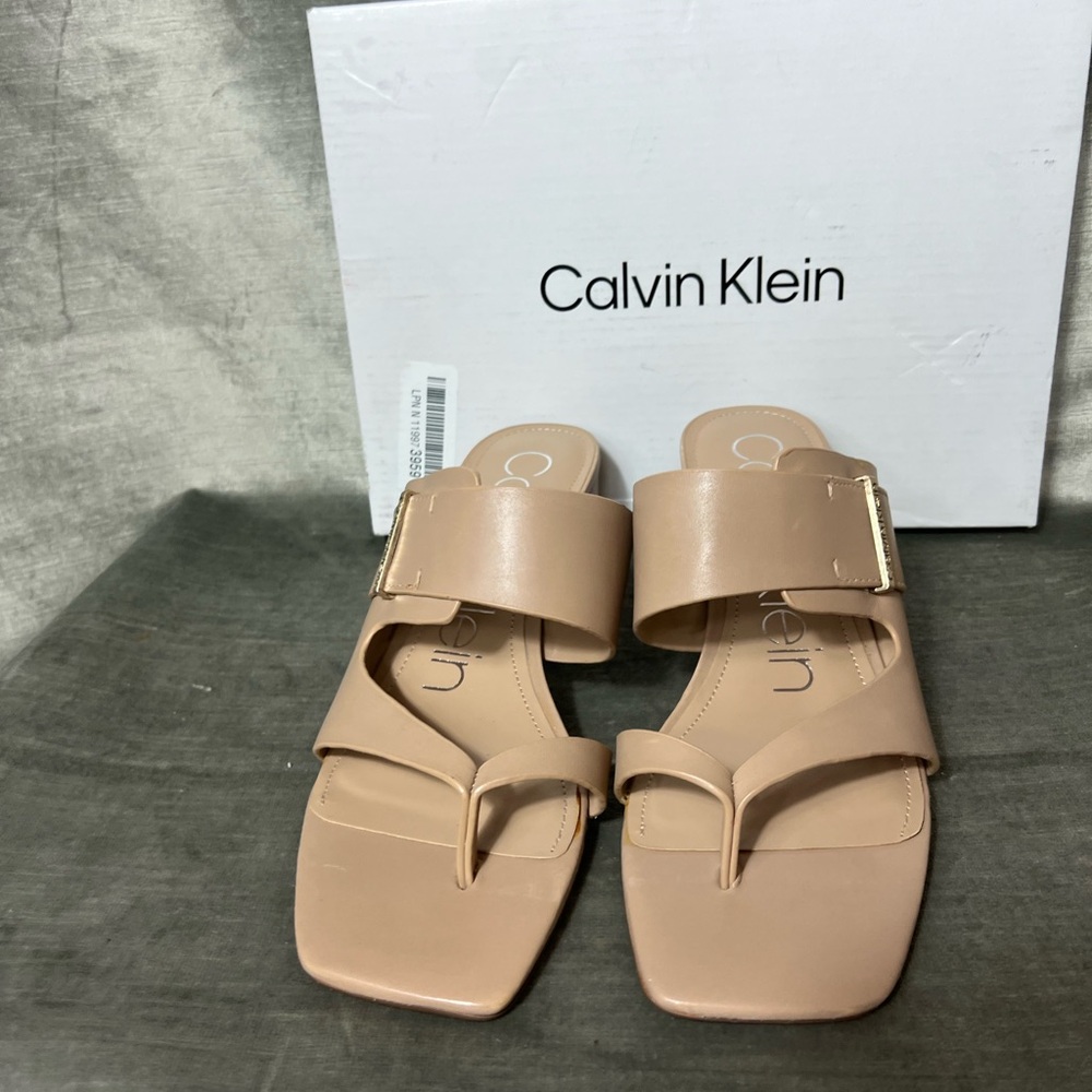 Calvin Klein Blush Nude Slide Sandals with Gold Buckle